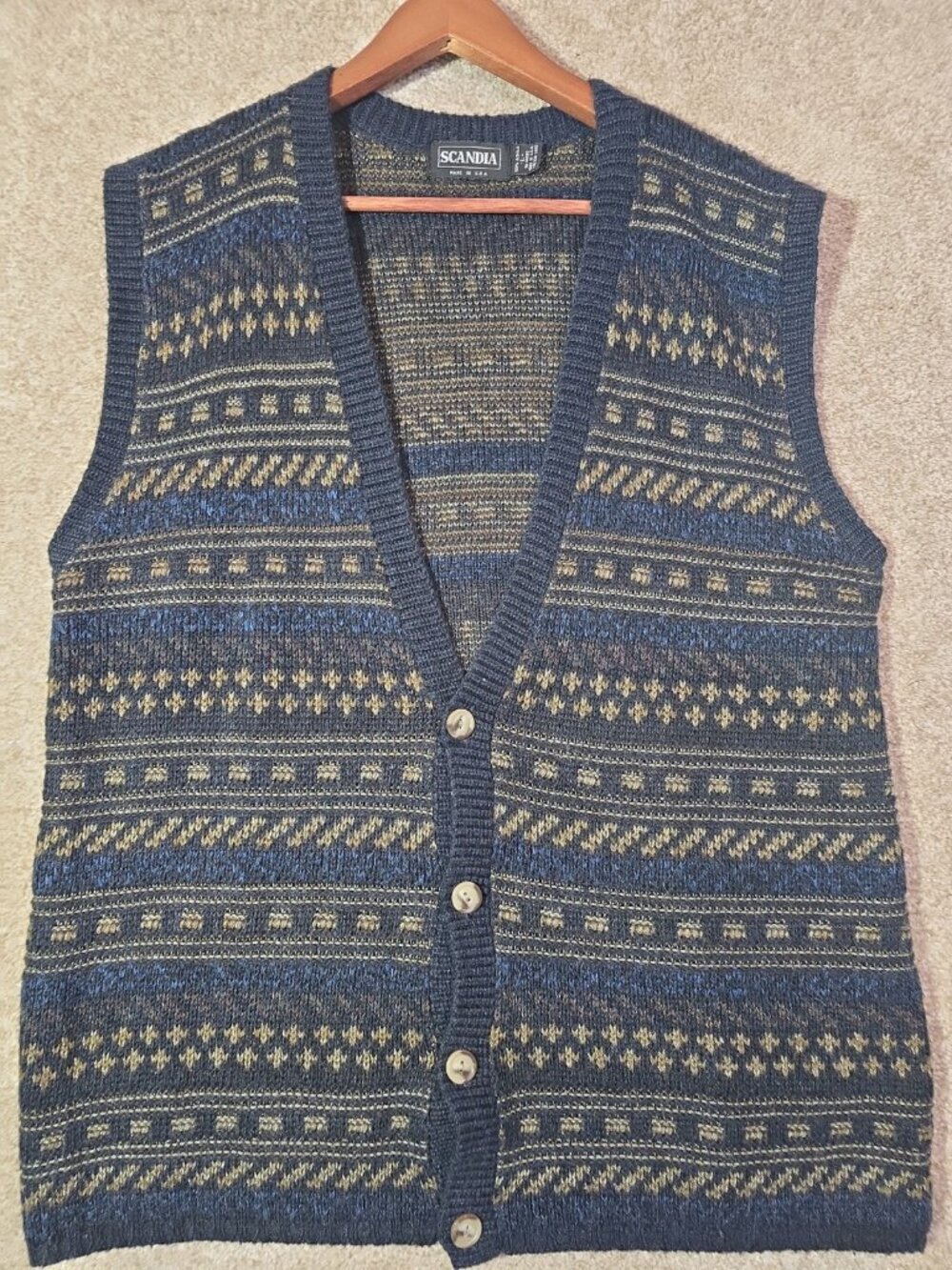 Scandia Vintage Dad Cardigan Sweater Vest Academia Fair Isle USA Made Men's L
